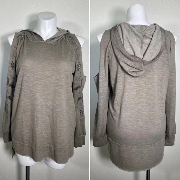 Knox Rose Floral embroidered Cut Out Cold Shoulder Hooded Sweatshirt Taupe XXL - Picture 2 of 9